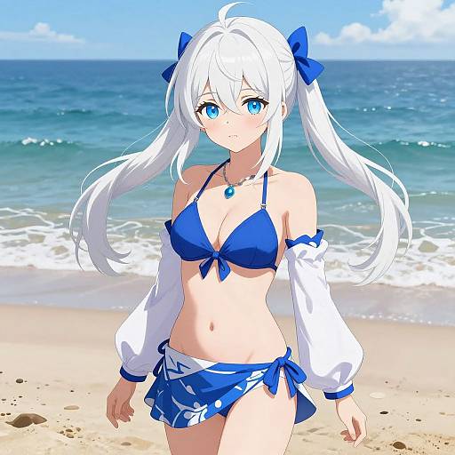 Anime Girl on Beach with Blue Bow