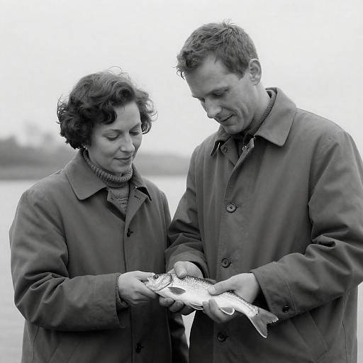 Black and White Photo of Couple Holding Fish