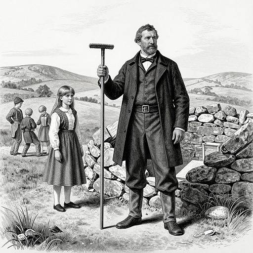 Black-and-white illustration of a bearded man in a long coat holding a broom, standing beside a girl in a dress, near a stone wall