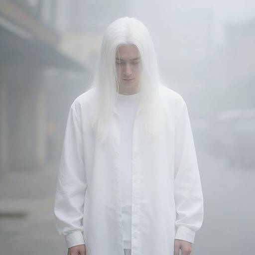 Photograph of a pale, androgynous figure with long white hair, wearing a white long-sleeved shirt, standing in a foggy