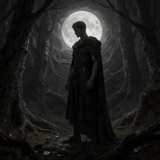 Silhouetted man in dark cloak stands in eerie, moonlit forest with twisted trees; full moon illuminates background. Digital art.