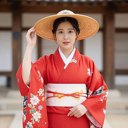 Photograph of a young Asian woman in a red floral kimono, wearing a large straw hat, standing in front of a traditional wooden building.
