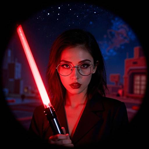 Photograph of an Asian woman with black hair, glasses, and red-lit face, holding a glowing red lightsaber against a starry, city