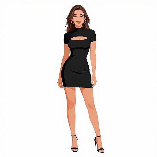 Digital illustration of a smiling woman with long brown hair, wearing a black short-sleeve dress with a cutout, black high heels, and earrings
