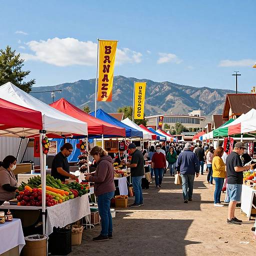 Photograph of a bustling outdoor farmers market with colorful tents, mountain backdrop, people shopping, vibrant produce, and 