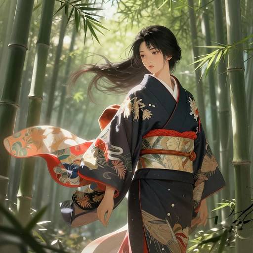 Serene Figure in Traditional Japanese Kimono in Bamboo Forest