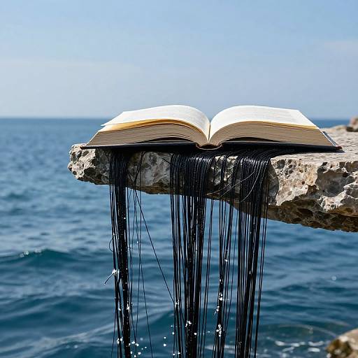 Floating Books Amid Oceanic Threads