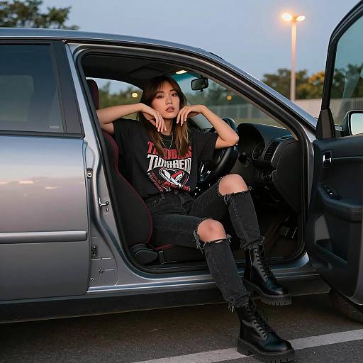 Asian Woman in Car Wearing Band Tee and Ripped Jeans