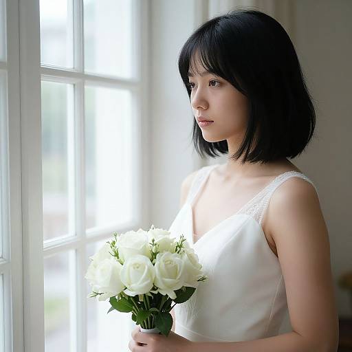 Photograph of an Asian woman with short black hair, wearing a white sleeveless dress, holding a bouquet of white roses, standing by a sunlit