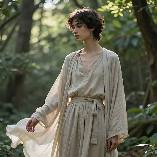 Photograph of a young woman with curly brown hair in a light beige, loose-fitting dress, standing in a sunlit forest.