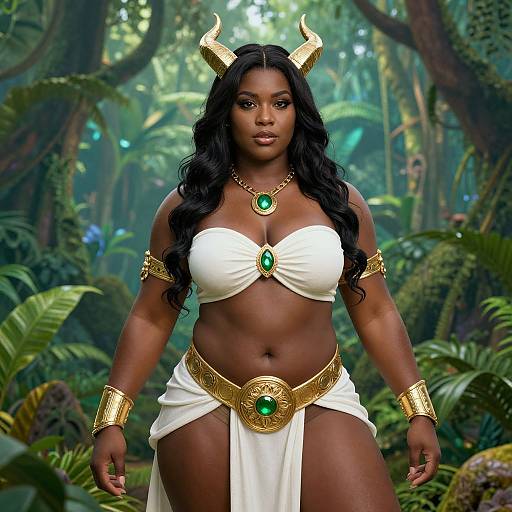 Digital artwork of a dark-skinned, curvy woman with black curls, gold horns, and white attire adorned with green gemstones, standing confidently in