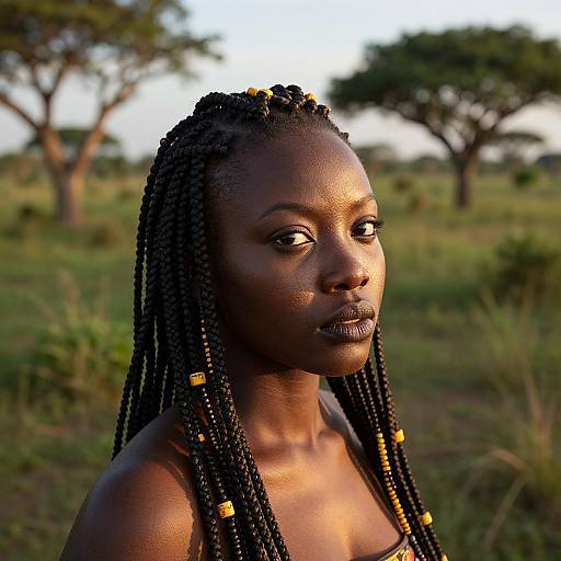 Photograph of an African woman with dark skin, long braided hair adorned with yellow beads, gazing softly into the distance in a sunlit,