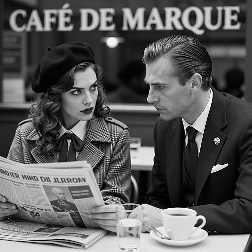 Vintage Café Encounter: A Black-and-White Scene