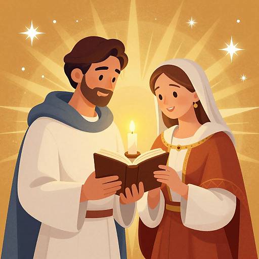 Cartoon illustration of a bearded man with dark hair, wearing a blue cloak and white robe, and a woman in a white headscarf and