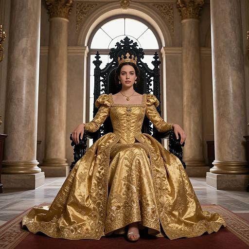 Photorealistic digital artwork of a regal woman in an ornate, gold, Renaissance-style gown, seated on a black throne in a grand,