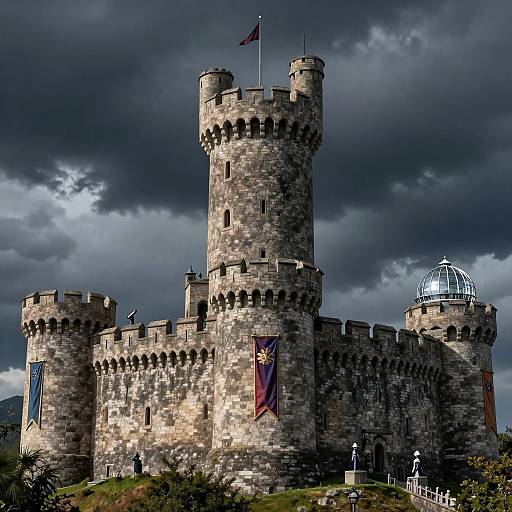 Photograph of a Gothic-style castle with tall cylindrical towers, a flag on top, and a dome, under a dramatic, cloudy sky.