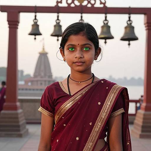 Young Girl in Maroon Sari at Sunrise
