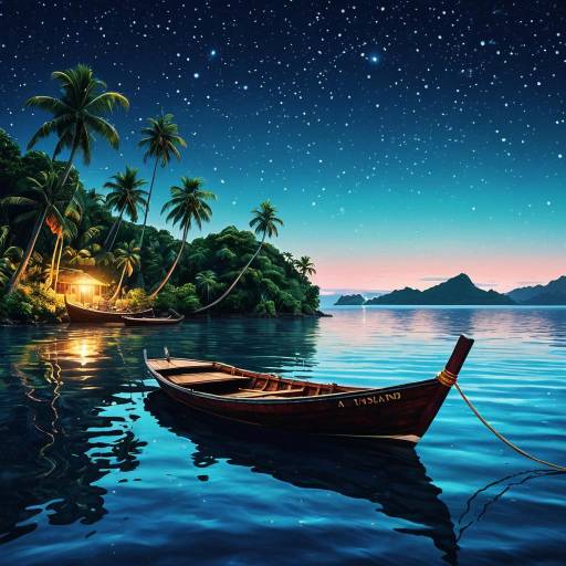 Tropical Island at Twilight with Wooden Boat Tropical Island at Twilight with Wooden Boat