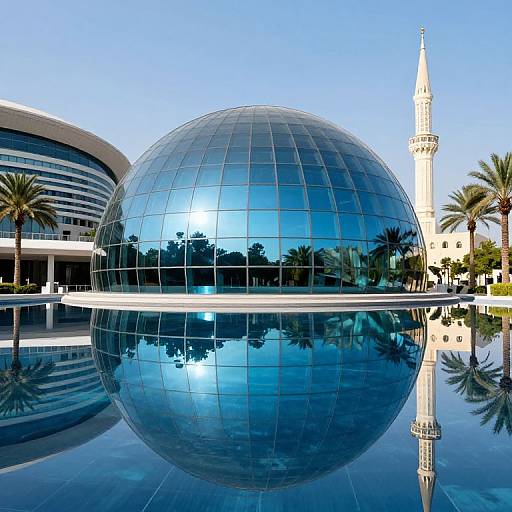 Photograph of a modern mosque with a glass dome reflecting a tall minaret and palm trees, mirrored in a serene blue pool. Clear blue sky.