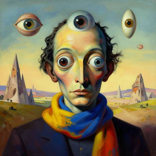 Digital surreal painting of a man with three eyes, wearing a yellow and blue scarf, set against a rocky landscape with floating eyes and a sunset sky.