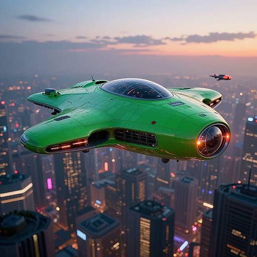 Photorealistic CGI of a sleek, green, futuristic flying car with a glass cockpit soaring over a glowing, neon-lit cityscape at dusk.