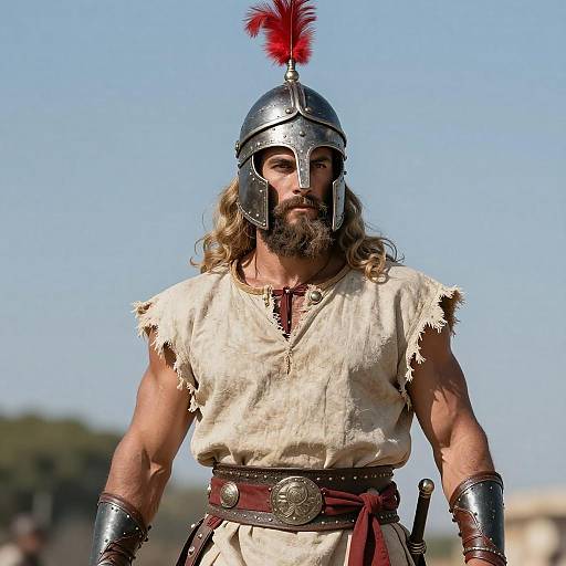 Photograph of a muscular, bearded man with long hair, wearing a silver helmet with a red plume, tattered beige tunic, and