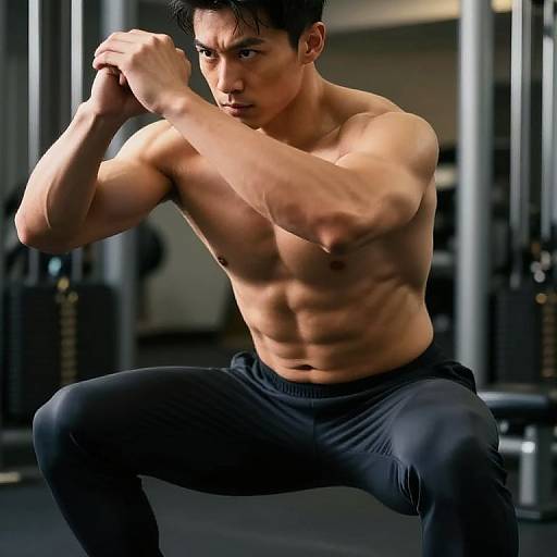Photograph of a muscular, shirtless Asian man with short black hair, squatting in a gym, wearing black pants, gripping his bicep