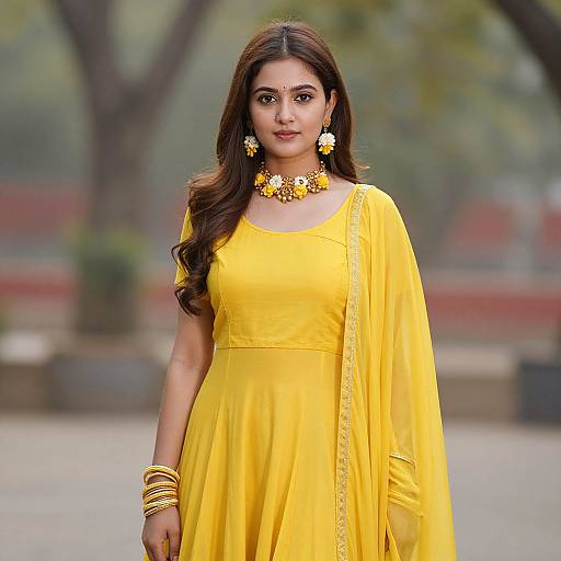 Photograph of an Indian woman with long brown hair, wearing a bright yellow saree, yellow jewelry, and matching earrings, standing outdoors against a blurred