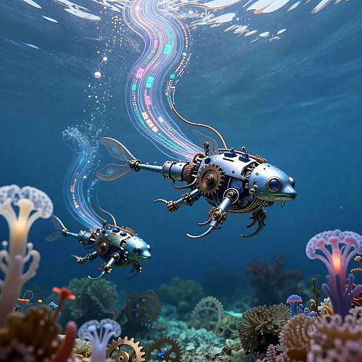 Photograph of two futuristic, metallic fish with glowing trails swimming in a vibrant, blue underwater coral reef, surrounded by colorful corals.