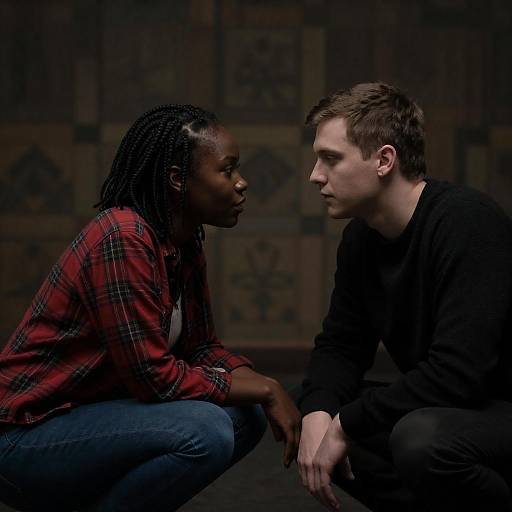 Photograph of a serious Black woman in a red plaid shirt and jeans facing a white man in a black sweater, both kneeling, in dimly