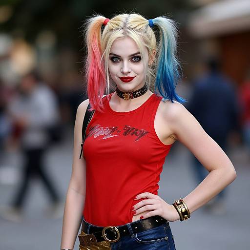 Digital art of Harley Quinn with dual-colored pigtails (pink and blue), red tank top, black choker, and belt, posing confidently in