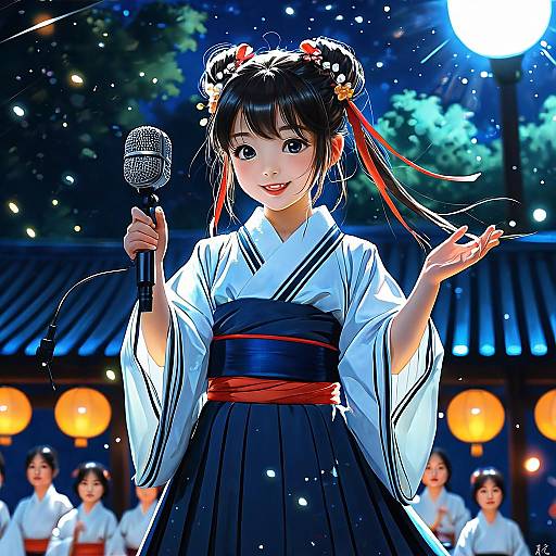 Digital anime-style illustration of a smiling Japanese woman in a traditional white kimono with blue hakama, holding a microphone, under a night sky with glowing