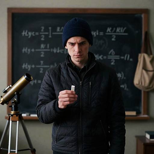 Man Holding Chalk in Front of Mathematical Blackboard