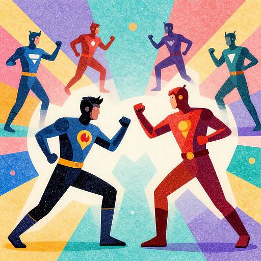Vibrant digital illustration of six stylized superheroes in dynamic poses, with colorful, radial background; blue and red costumes, yellow symbols.