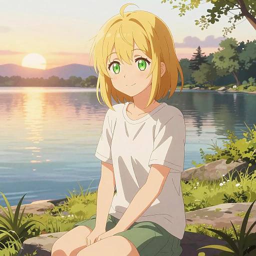 Anime Girl by Lakeside at Sunset