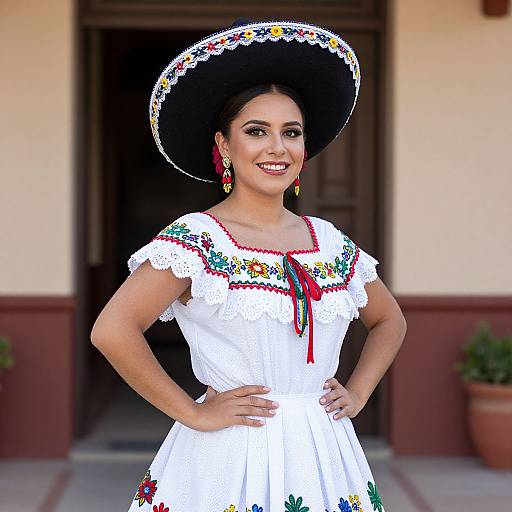 Photograph of a smiling Mexican woman in a traditional white dress and large black sombrero, adorned with colorful embroidery and red ribbons, standing in front