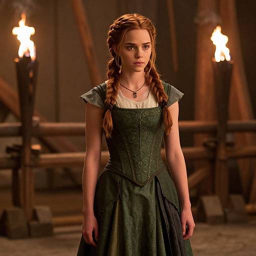 Photograph of a young woman with braided auburn hair, wearing a dark green, medieval-style dress, standing in a dimly lit,