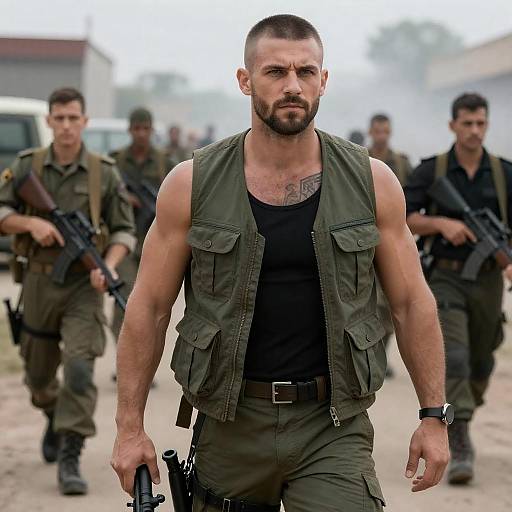 Muscular Soldier in Smoky Combat Scene