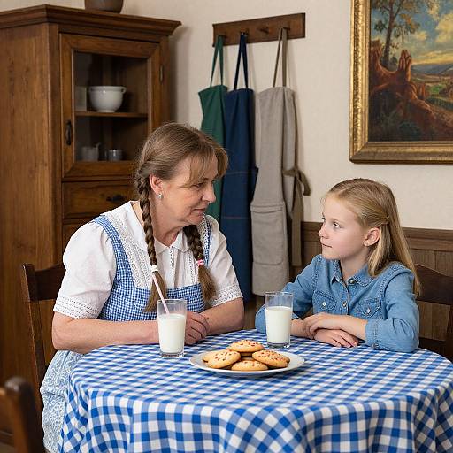 Photograph of a smiling woman with braided hair and a young girl with blonde hair, both in blue-and-white checkered dresses, sitting at a