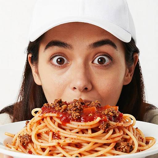 Woman with Surprised Eyes Peeking Over Spaghetti Plate