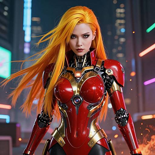 Digital art of a fierce, orange-haired woman with glowing eyes, wearing a red and gold armored suit, standing in a neon-lit cityscape with