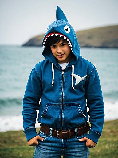 Boy Wearing Shark Hoodie by the Ocean