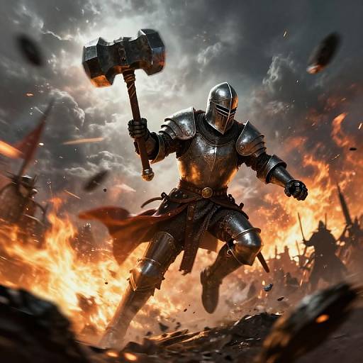 Digital artwork of a armored warrior with a helmet, wielding a massive hammer, charging forward in a fiery, chaotic battlefield.