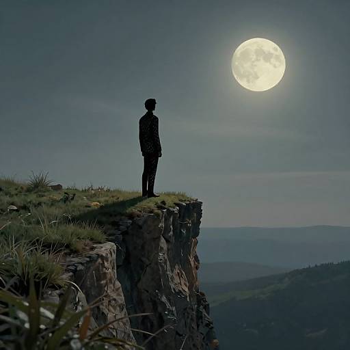 Silhouetted man in suit stands on cliff edge at night, gazing at full moon in clear sky, mountains below. Photographic image.