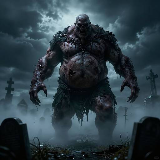 Towering Scary Monster in Misty Graveyard