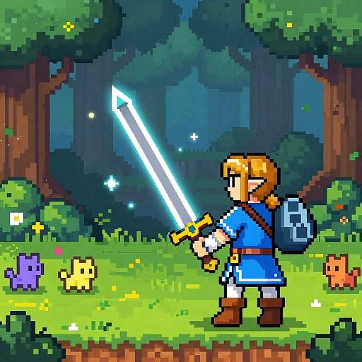 Pixel art of Link in blue tunic, holding glowing sword, standing in enchanted forest with colorful creatures, trees, and glowing stars.