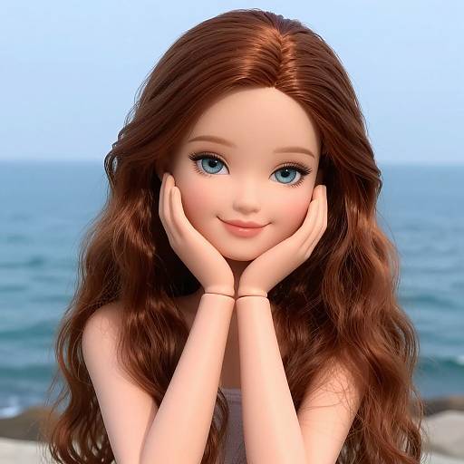 Digital anime-style portrait of a cute young woman with long, wavy brown hair, blue eyes, and fair skin, smiling while touching her cheeks,