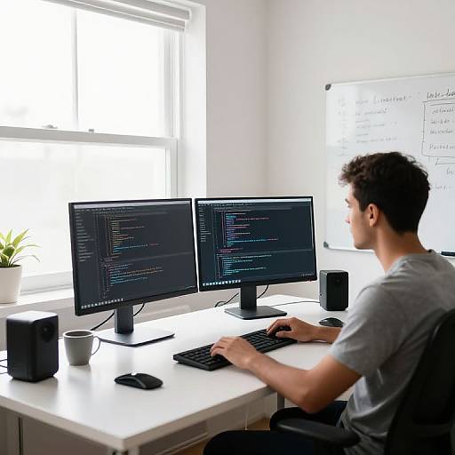 Photograph of a young man with short brown hair, in a grey t-shirt, typing on a white desk with two black monitors displaying code, in
