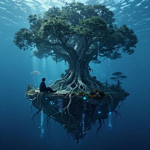 Digital artwork: A silhouetted figure sits beneath a massive, glowing, root-entwined tree floating in a deep blue underwater-like environment