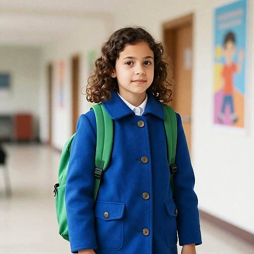 Girl in Blue Coat in Bright Hallway